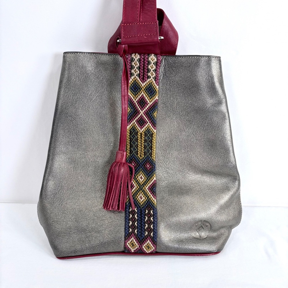 Cristina Orozco Metallic Pewter Leather Embroidered Backpack Burgundy Tassel